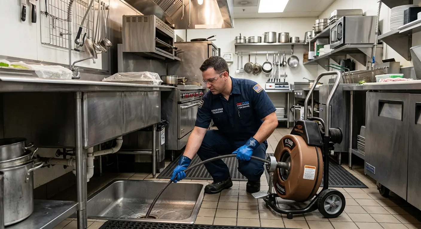 Commercial drain cleaning service in a restaurant kitchen in Garner