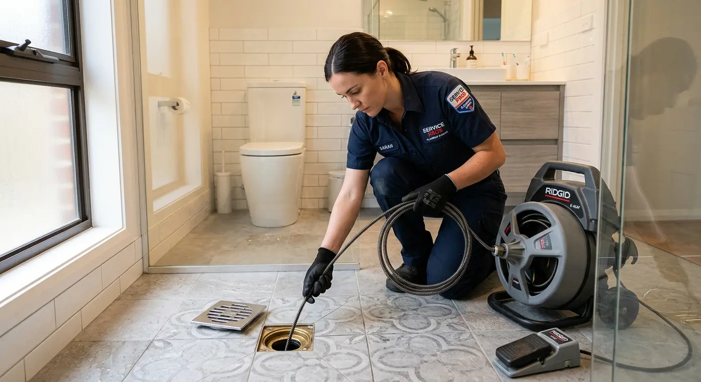 Technician clearing a bathroom floor drain for Sewer Line Installation in Garner